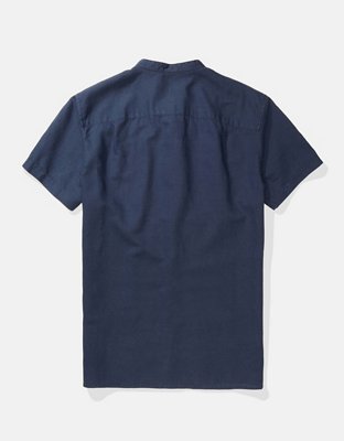AE Short-Sleeve Band Collar Linen Button-Up Shirt