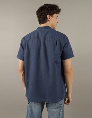 AE Short-Sleeve Band Collar Linen Button-Up Shirt