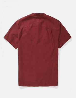 AE Short-Sleeve Band Collar Linen Button-Up Shirt