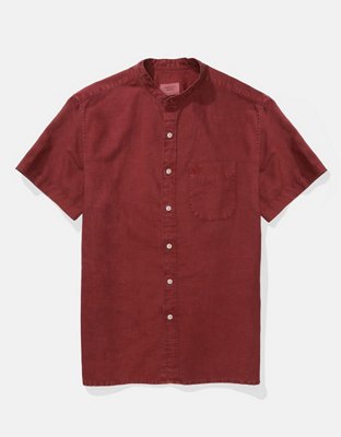 AE Short-Sleeve Band Collar Linen Button-Up Shirt