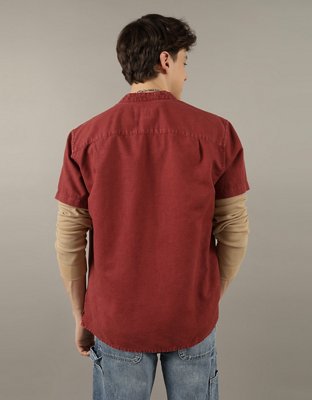 AE Short-Sleeve Band Collar Linen Button-Up Shirt