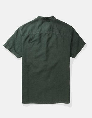 AE Short-Sleeve Band Collar Linen Button-Up Shirt