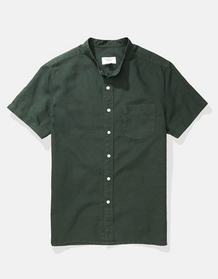 AE Short-Sleeve Band Collar Linen Button-Up Shirt