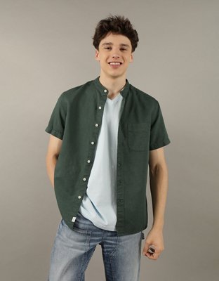 AE Short-Sleeve Band Collar Linen Button-Up Shirt
