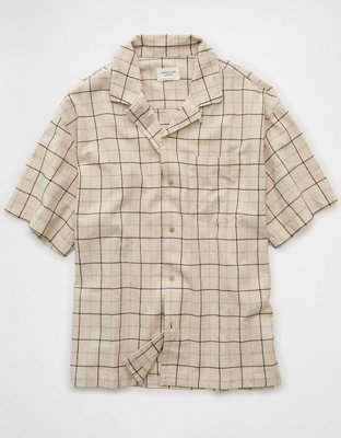 AE Poolside Linen-Blend Plaid Button-Up Shirt
