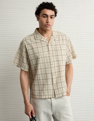 AE Poolside Linen-Blend Plaid Button-Up Shirt