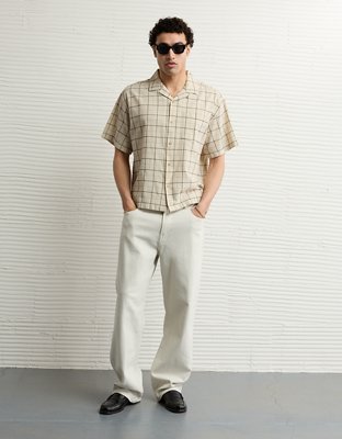 AE Poolside Linen-Blend Plaid Button-Up Shirt