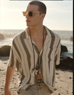 AE Poolside Linen-Blend Striped Button-Up Shirt