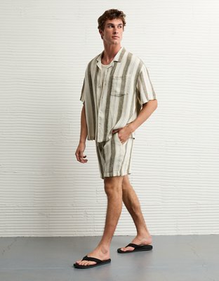 AE Camisa Rayada de Mezcla de Lino con Botones para la Piscina