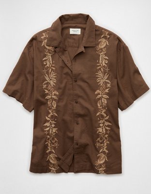 AE Poolside Linen-Blend Embroidered Button-Up Shirt