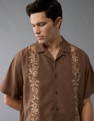 AE Poolside Linen-Blend Embroidered Button-Up Shirt