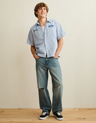 AE Relaxed Ford Denim Short-Sleeve Button-Up Shirt from American Eagle - $41.96
