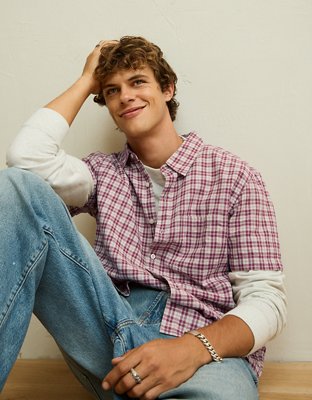 AE Standard Fit Linen-Blend Short-Sleeve Button-Up Shirt