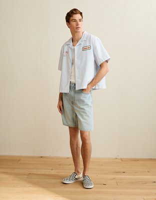 Мужская рубашка American Eagle AE Pride Relaxed Fit Oxford Camp Collar Button-Up, цвет: Синий — фото 5