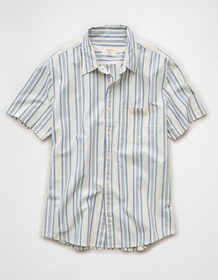 Мужская рубашка American Eagle AE Slim Fit Poplin Short-Sleeve Button-Up, цвет: Синий — фото 3