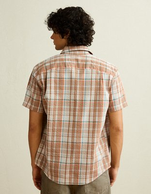 american eagle dress shirts AE Standard Fit Short-Sleeve Button-Up Shirt Men's Medium Brown XXL Crisp poplin fabric/Full button Short Sleeve Dress Shirts For