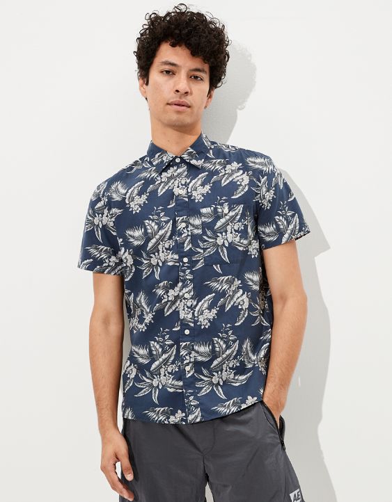 AE Short-Sleeve Tropical Print Button-Up Shirt