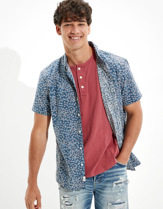 AE Printed Short-Sleeve Button-Up Shirt