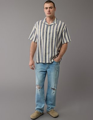 Chemise rayée boutonnée rayée en mélange de lin Bord de la piscine AE
