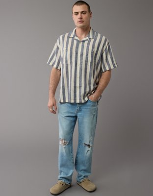 AE Linen-Blend Striped Button-Up Poolside Shirt