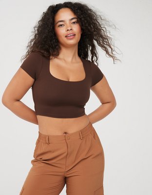 aerie, Tops, Size Small Aerie Ribbed Brown One Shoulder Crop Top