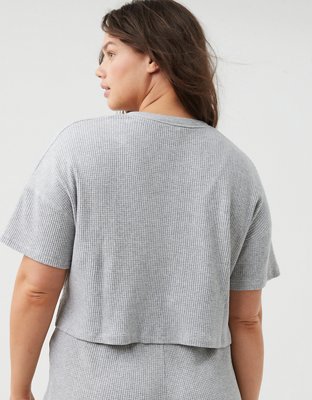 Женские футболки Offline By Aerie Wow! Waffle Cropped Henley Short Sleeve, цвет: Средний меланжевый серый — фото 2