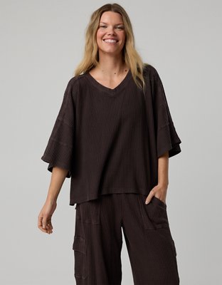 OFFLINE By Aerie Wow! Waffle Jersey V-Neck T-Shirt