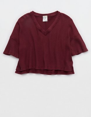 OFFLINE By Aerie Wow! Waffle V Neck Cropped Short Sleeve T-Shirt