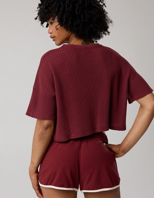OFFLINE By Aerie Wow! Waffle V Neck Cropped Short Sleeve T-Shirt