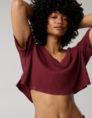 OFFLINE By Aerie Wow! Waffle V Neck Cropped Short Sleeve T-Shirt