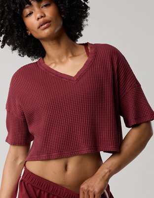 OFFLINE By Aerie Wow! Waffle V Neck Cropped Short Sleeve T-Shirt