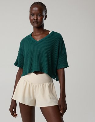 OFFLINE By Aerie Wow! Waffle V Neck Cropped Short Sleeve T-Shirt
