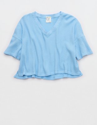 OFFLINE By Aerie Wow! Waffle V Neck Cropped Short Sleeve T-Shirt
