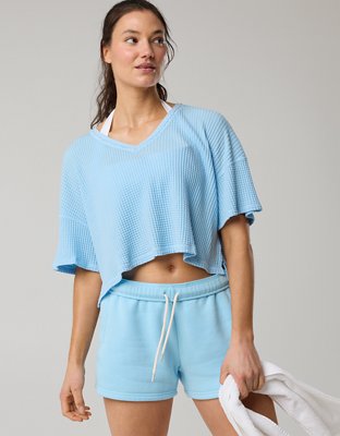 OFFLINE By Aerie Wow! Waffle V Neck Cropped Short Sleeve T-Shirt