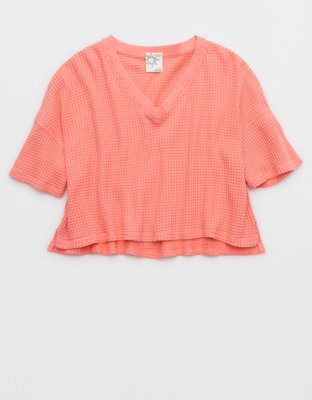 OFFLINE By Aerie Wow! Waffle V Neck Cropped Short Sleeve T-Shirt