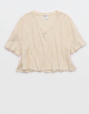 OFFLINE By Aerie Wow! Waffle V Neck Cropped Short Sleeve T-Shirt