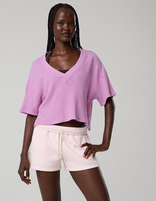 OFFLINE By Aerie Wow! Waffle V Neck Cropped Relaxed Short Sleeve T