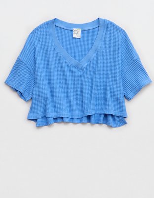 OFFLINE By Aerie Wow! Waffle V Neck Cropped Relaxed Short Sleeve T-Shirt