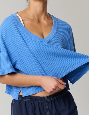OFFLINE By Aerie Wow! Waffle V Neck Cropped Relaxed Short Sleeve T-Shirt