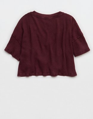 OFFLINE By Aerie Wow! Waffle V Neck Cropped Relaxed Short Sleeve T-Shirt