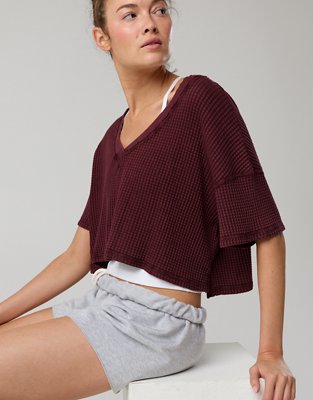 OFFLINE By Aerie Wow! Waffle V Neck Cropped Relaxed Short Sleeve T-Shirt