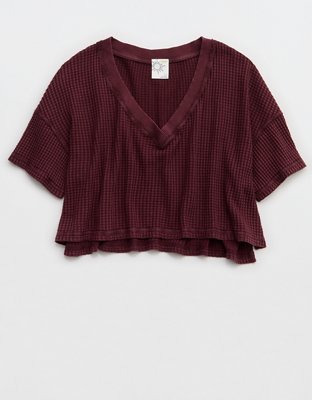OFFLINE By Aerie Wow! Waffle V Neck Cropped Relaxed Short Sleeve T-Shirt