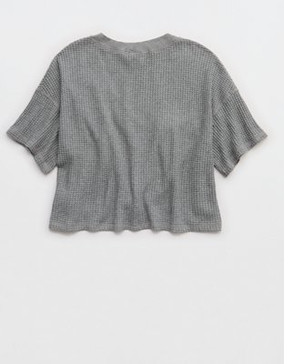 OFFLINE By Aerie Wow! Waffle V Neck Cropped Relaxed Short Sleeve T-Shirt
