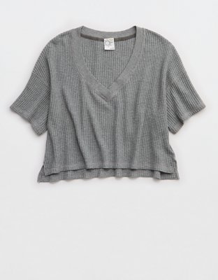 OFFLINE By Aerie Wow! Waffle V Neck Cropped Relaxed Short Sleeve T-Shirt