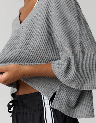 OFFLINE By Aerie Wow! Waffle V Neck Cropped Relaxed Short Sleeve T-Shirt