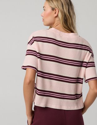 OFFLINE By Aerie Wow! Waffle V Neck Cropped Relaxed Short Sleeve T-Shirt