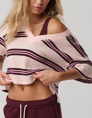 OFFLINE By Aerie Wow! Waffle V Neck Cropped Relaxed Short Sleeve T-Shirt