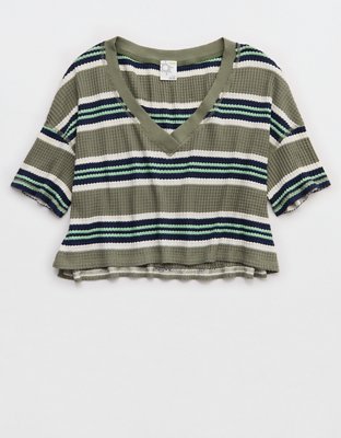 OFFLINE By Aerie Wow! Waffle V Neck Cropped Relaxed Short Sleeve T-Shirt
