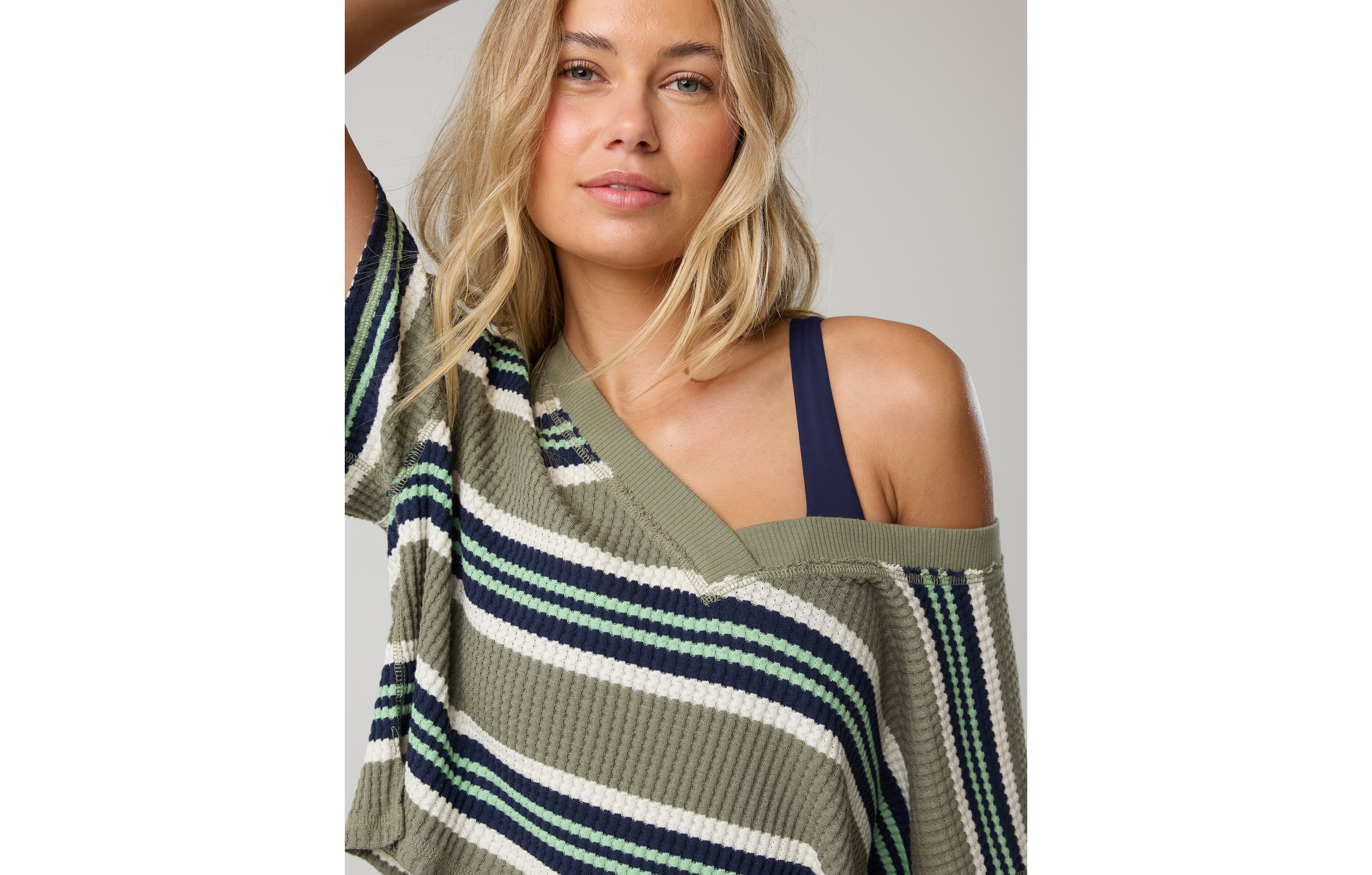 OFFLINE By Aerie Wow! Waffle V Neck Cropped Relaxed Short Sleeve T-Shirt