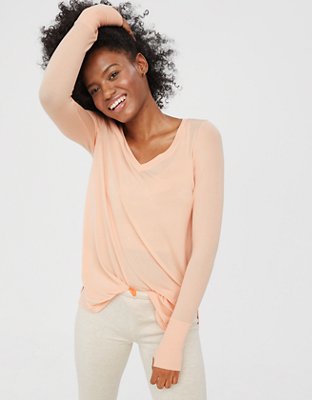 OFFLINE By Aerie Thumbs Up T-Shirt manga larga en tejido de punto con escote V